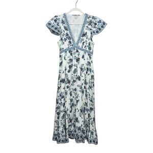 Max Studio V-Neck Floral Tiered Maxi Dress in White and Blue - Size  M